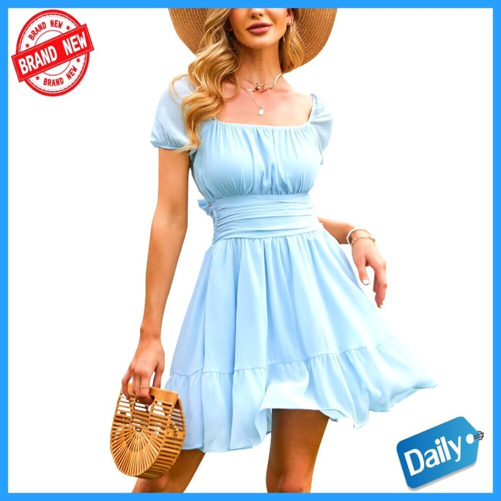 Summer Mini Dress Puff Sleeve Tie Back Square Neck A-Line Sundress